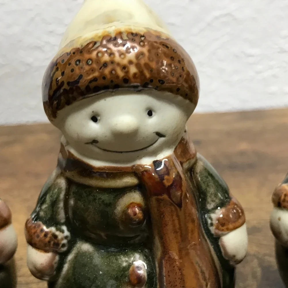 Ceramic Glazed Snowmen Lot of 3 Green‎ Brown Christmas 4.5